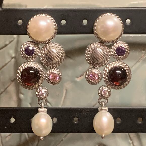 Judith Ripka Earrings Sterling Silver, Cultured Pearls & Gemstones Dangle/Drop - Picture 1 of 9